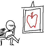 A man sitting by a painting of an apple, thinking